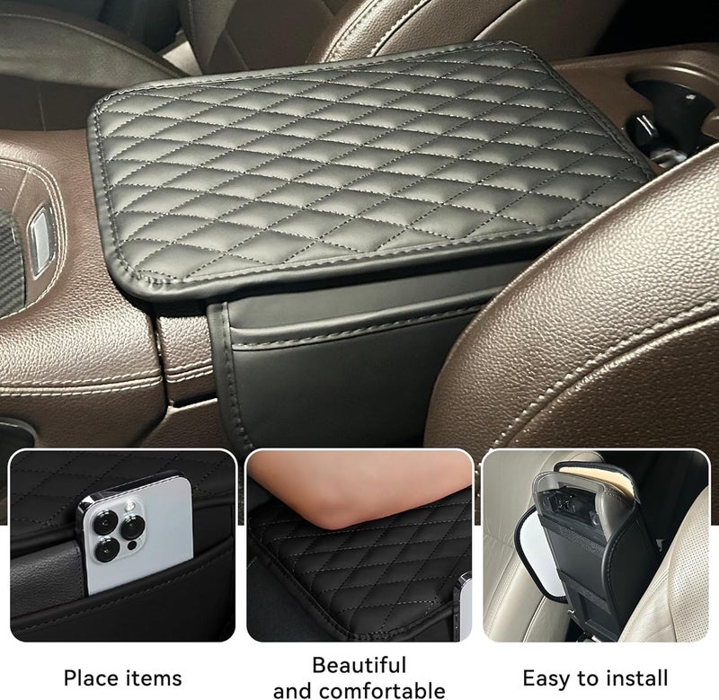 Tioollev Car Armrest Box Cover Diamond Quilted Grade Leather Console Organizer Car with Side Storage Pocket Universal Vehicle Middle Console Cover, Most Vehicle, SUV, Truck. (Black) - Image 2